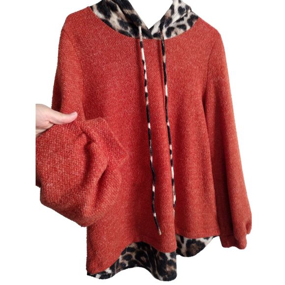 Women's Animal Print Hoodie Sweaters Casual Knit Pachwork Size M Orange Brown - Picture 1 of 9